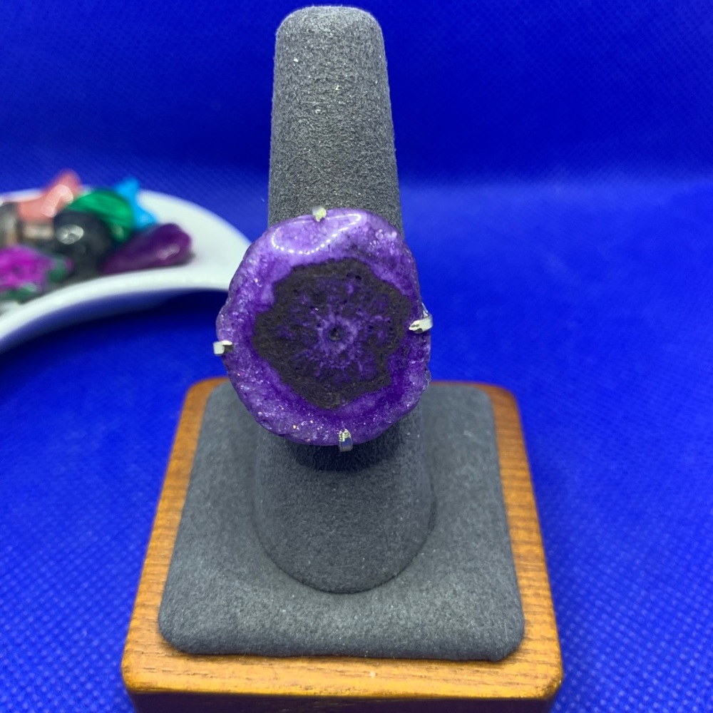 Rustic Cut Deep Purple Solar Agate Ring! .925 Sterling Silver Plated, Size 8